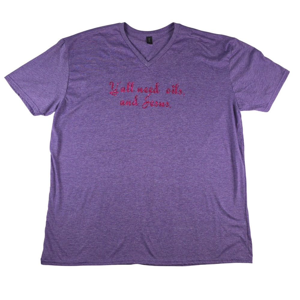 Anvil Y'all Need Oils and Jesus Graphic T-Shirt Women 3XL Purple V-Neck Glitter